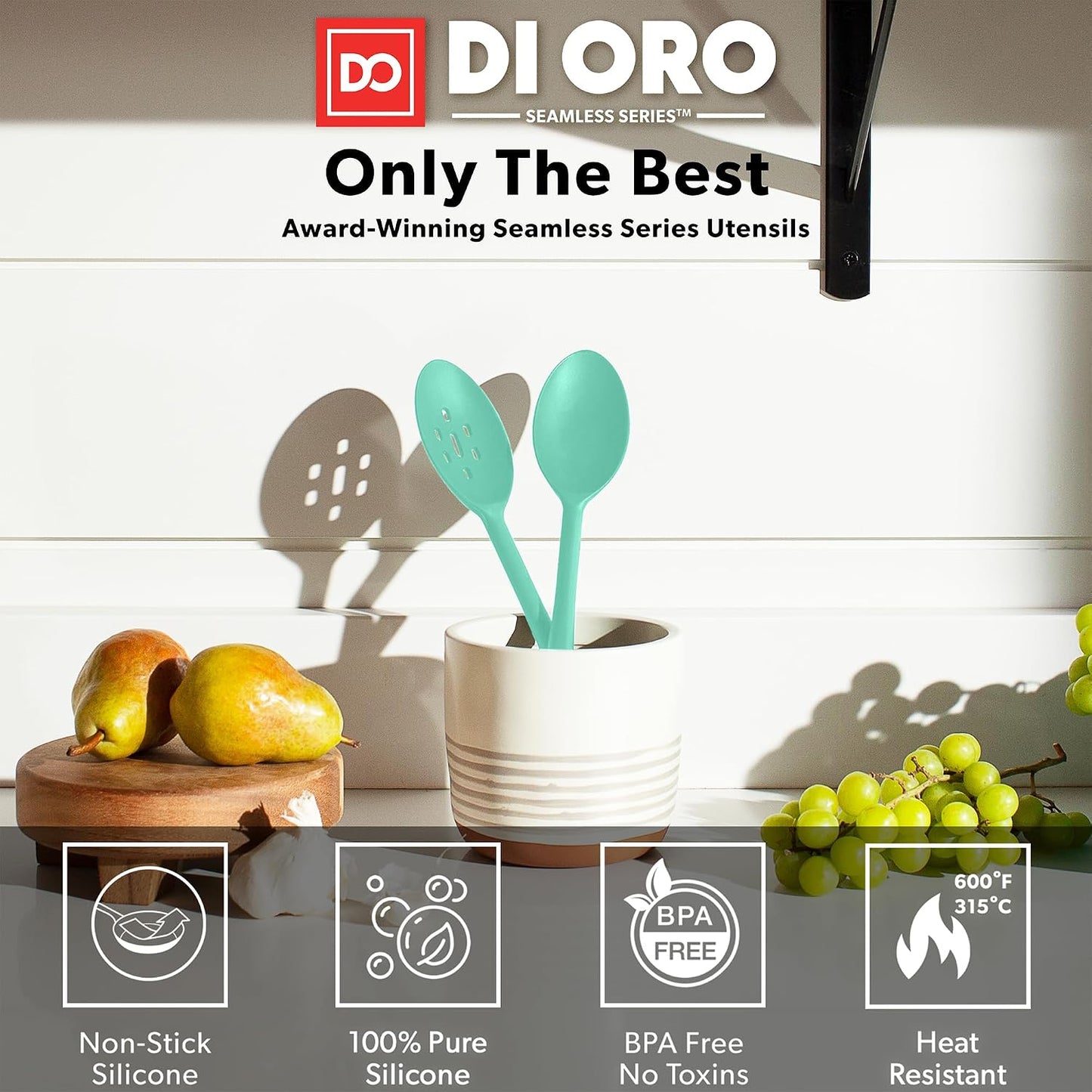 DI ORO Silicone Spoons for Cooking - Large Kitchen Spoons for Mixing, Serving, & Stirring - 600°F Heat-Resistant Non Stick Utensils – Big Solid & Slotted - Dishwasher Safe (2pc, Black)