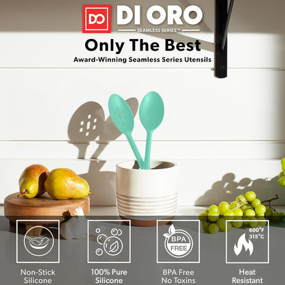 DI ORO Silicone Spoons for Cooking - Large Kitchen Spoons for Mixing, Serving, & Stirring - 600°F Heat-Resistant Non Stick Utensils – Big Solid & Slotted - Dishwasher Safe (2pc, Black)