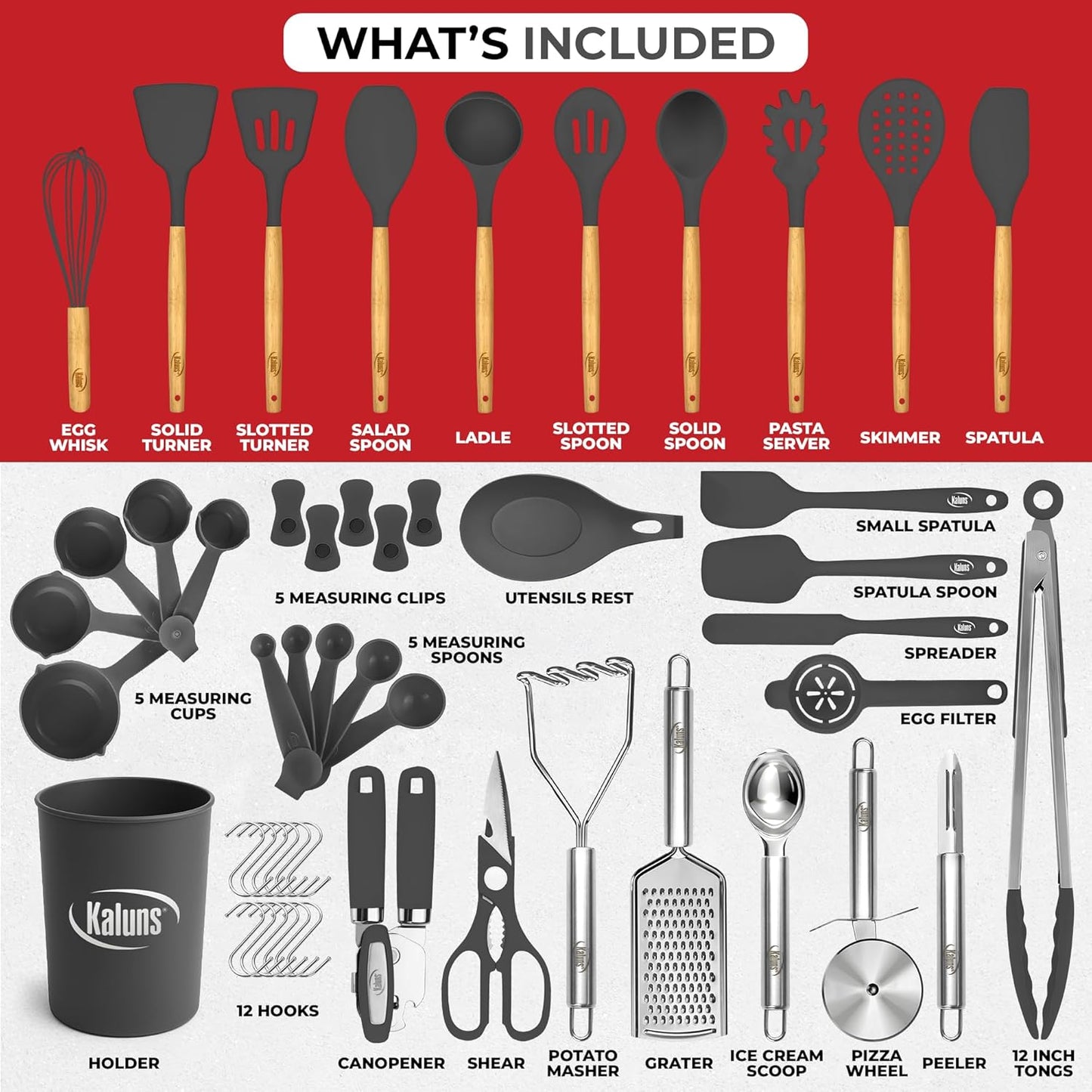Kaluns 50 PCS Silicone Kitchen Utensils Set Complete Kitchen Set - 800°F Heat Resistant Non-Stick Premium Silicone Cooking Utensils W Wooden Handles - Can Opener, Masher, Turner, Silicone Spatula Set