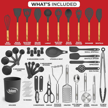 Kaluns 50 PCS Silicone Kitchen Utensils Set Complete Kitchen Set - 800°F Heat Resistant Non-Stick Premium Silicone Cooking Utensils W Wooden Handles - Can Opener, Masher, Turner, Silicone Spatula Set