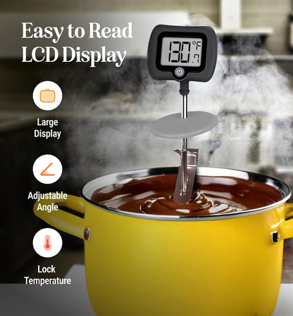 Digital Candy Thermometer with Pot Clip, 10" Long Stainless Steel Probe, Instant Read Kitchen Thermometer for Cooking, Baking, and Candy Making