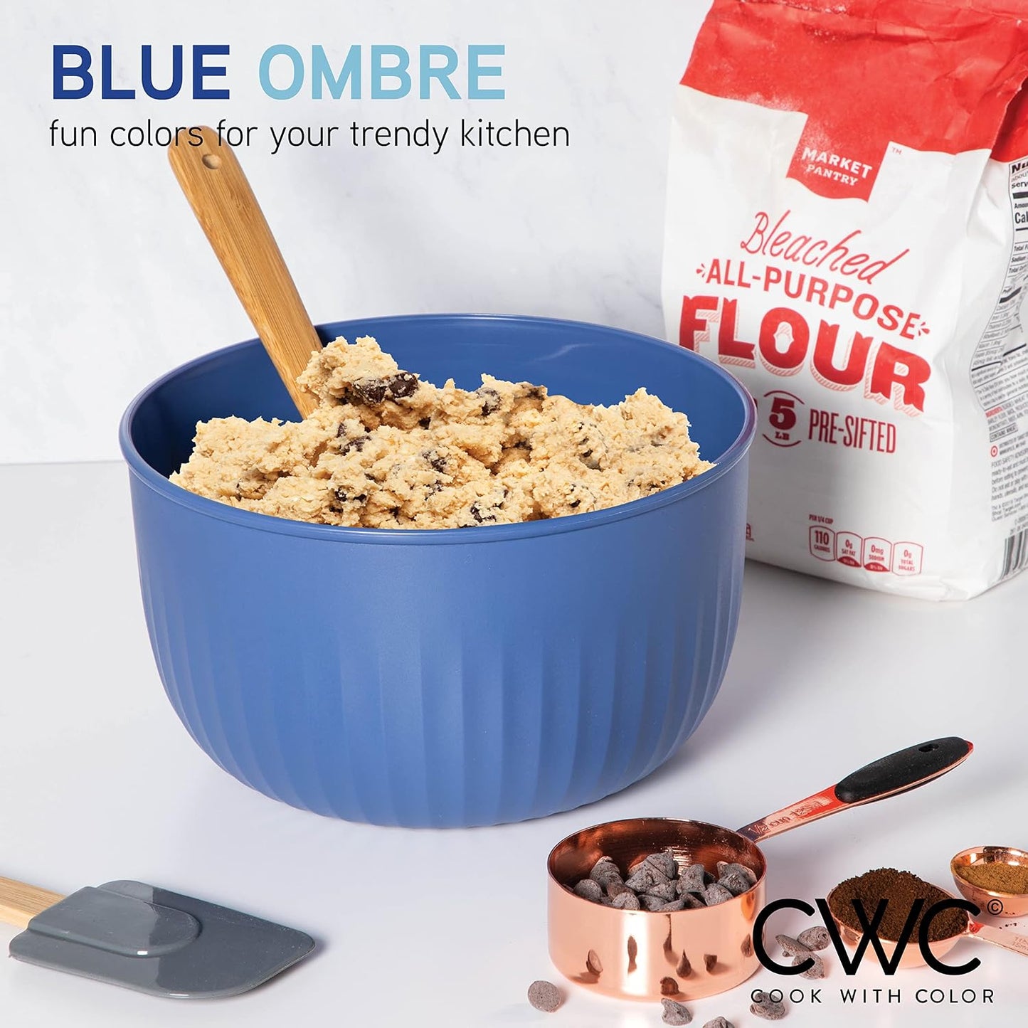 COOK WITH COLOR Prep Bowls with Lids- Wide and Deep Nesting Plastic Small Mixing Bowl Set with Lids, 8 Piece Set - Wide Bowls, Blue