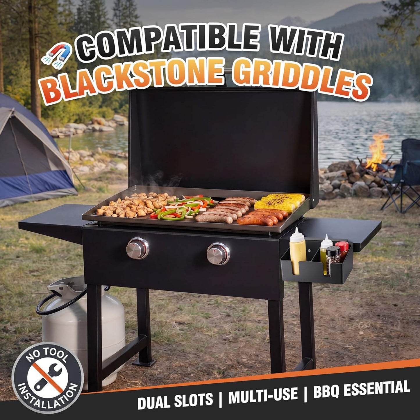 Hohean Barbecue Tool Set Magnetic Bottle Holder, Compatible with Blackstone Griddle, Elevated Magnet Base, No Melting, Heat Resistant Dual Slot Squeeze Bottle & Beverage Holder for BBQ Accessories
