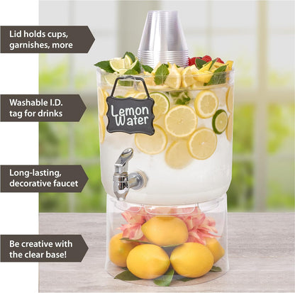 Buddeez Durable 2 Gallon Beverage Dispenser with Stand - Stackable Drink Server for Parties - Includes Party Top Lid and Chalk board Tag