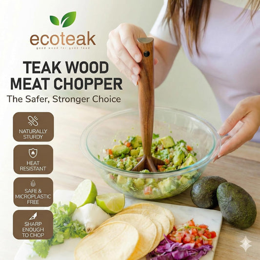Teak Wood Meat Masher & Ground Beef Masher, Wooden Meat Chopper for Ground Beef, Hamburger Smasher Tool, Wood Potato Masher, Non-Toxic Kitchen Utensil, 10.5 Inch