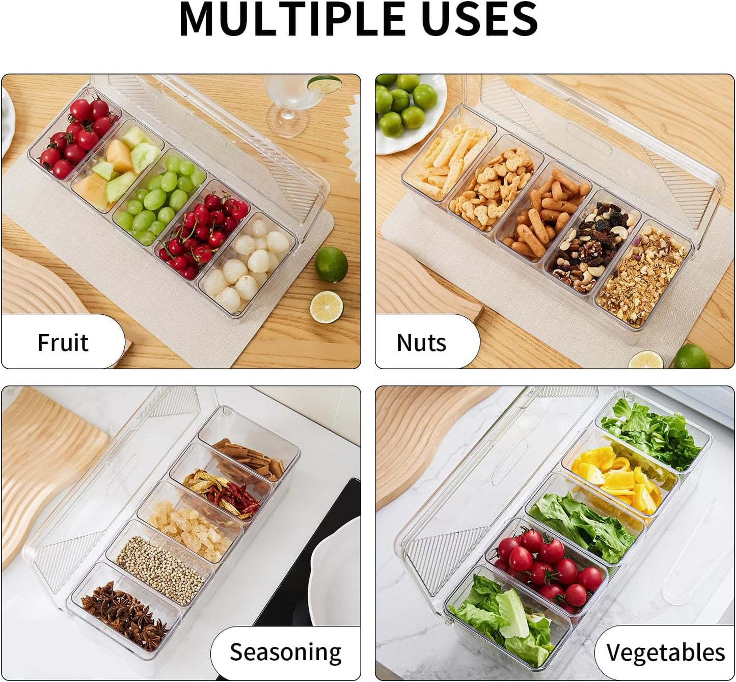 Ice Chilled Condiment Caddy,Stackable Chilled Condiment Containers,Serving Platters with Lid and 5 Removable Compartments,Set of 5 Serving Spoons & 2 Clips (1pack)