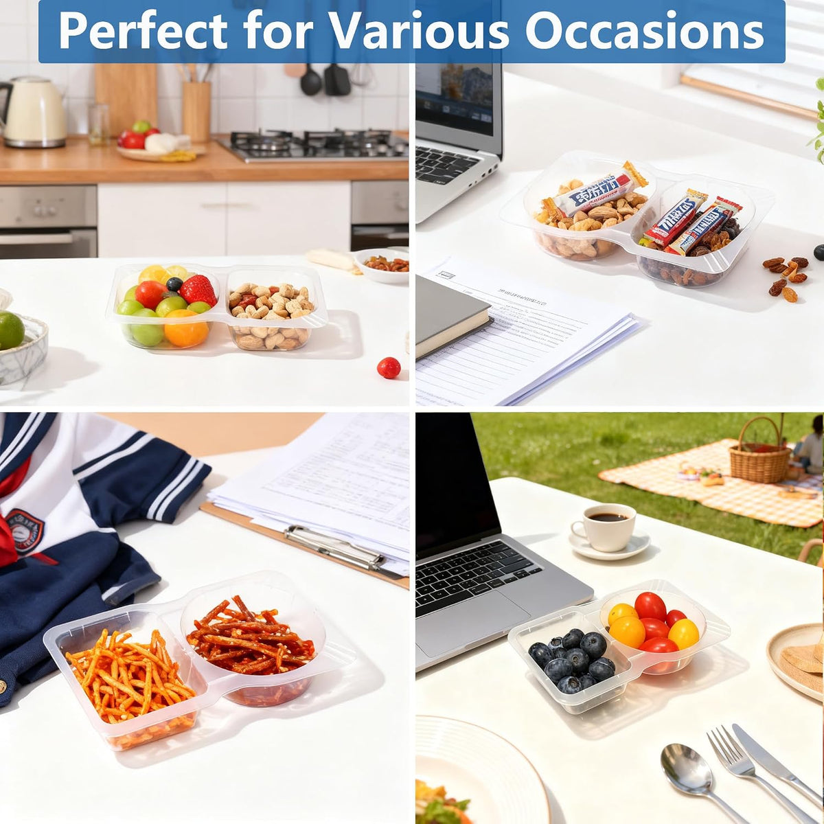 20 Pack Reusable Snack Containers with Lids, Double Compartment Snack Containers for kids & Adults -2 Compartment Condiment Containers, Dishwasher & Microwave Safe, for Portion Control, Meal Prep