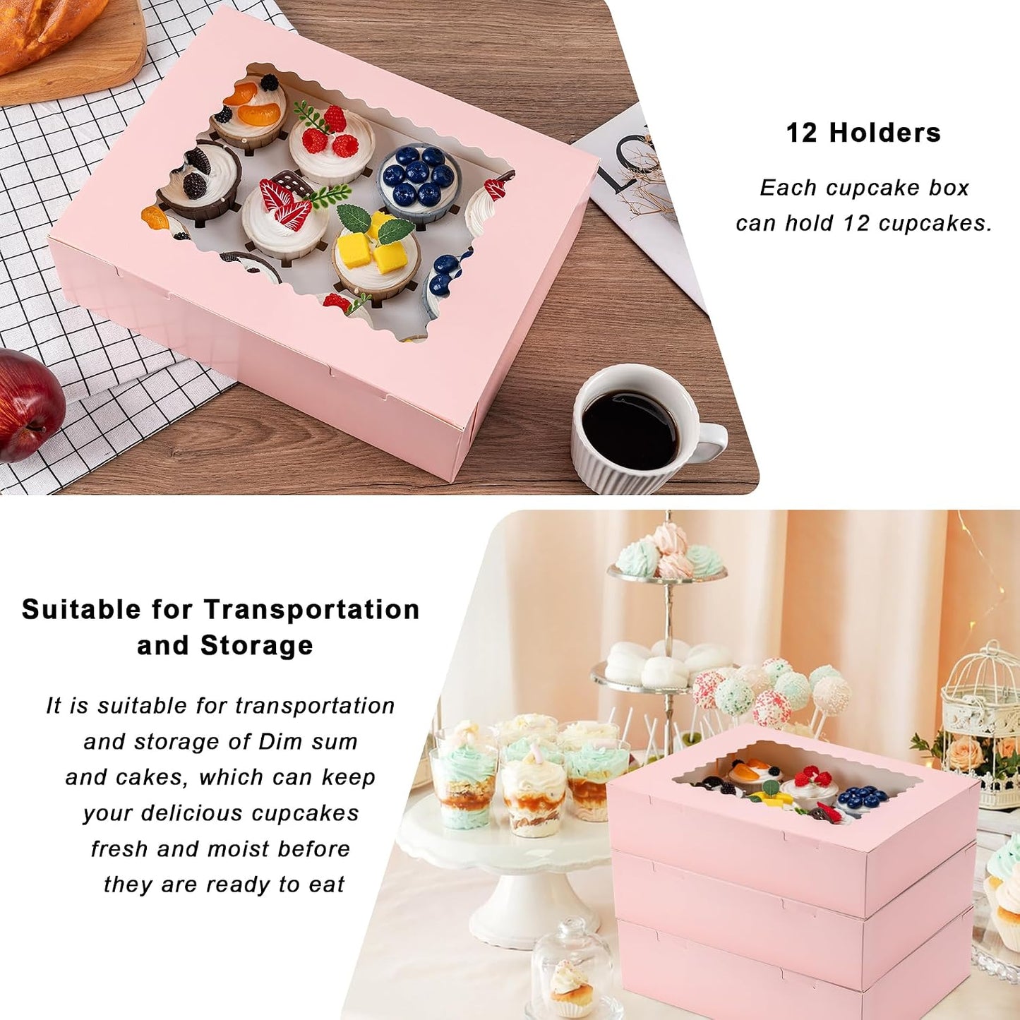 Hoewina 6PCS Cupcake Boxes - Hold 12 Count Cupcake Containers with Window, Food Grade Cupcake Holder Easy Transport and Presentation - Ideal for Cupcakes, Desserts, and More