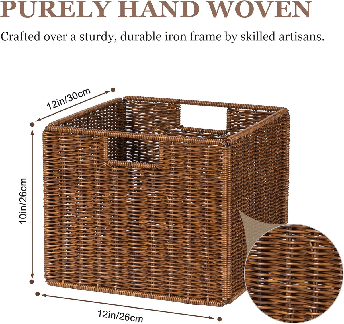 12x12x10in Water Hyacinth Storage Basket Large, Folding Cube Woven Wicker Storage Basket for Shelves, Pantry Baskets Organization and Storage, Kitchen Storage Baskets, Large Rattan Basket Set of 3