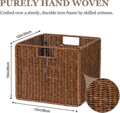 12x12x10in Water Hyacinth Storage Basket Large, Folding Cube Woven Wicker Storage Basket for Shelves, Pantry Baskets Organization and Storage, Kitchen Storage Baskets, Large Rattan Basket Set of 3