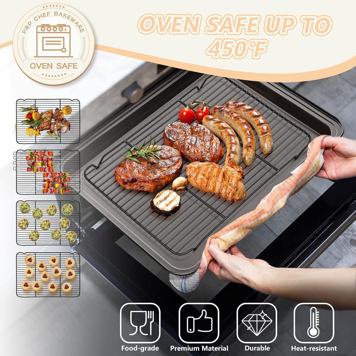 P&P CHEF Cooling Baking Rack Stainless Steel, 16.6" x 11.5", 2 Pcs, Silver