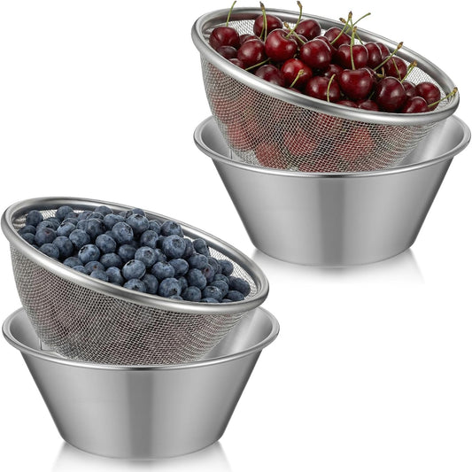 2 Sets Mini Colander & Food Strainer, 4 Pcs Total 304 Stainless Steel Small Mixing Bowls for Kitchen, Draining Rice Pasta, Washing Fruit Vegetables, Salad Prep (5.51 x 2.36 Inches, Silver)