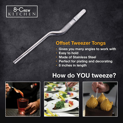 8-CREW KITCHEN Chef Tweezers - 3 Stainless Steel 8” Culinary Tweezers for Plating, Bar and Multi-Purpose with a 10” 304 S/S Tweezer for Cooking