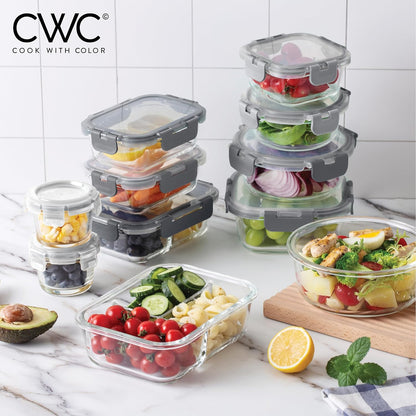 COOK WITH COLOR Premium 32-Pc. Borosilicate Glass Food Container Set with Dividers - 4 Rectangles, 8 Rounds, 4 Squares - Leakproof Lids - Meal Prep, Storage, Grey