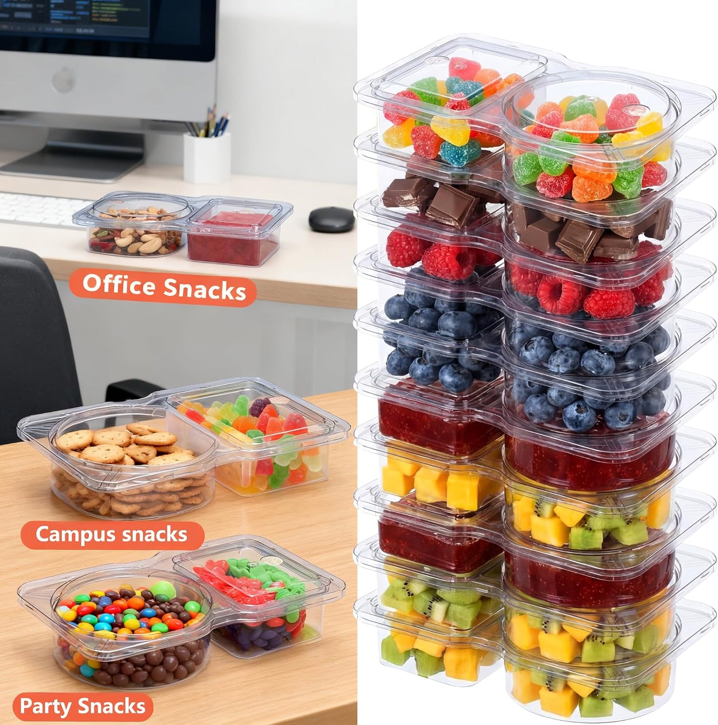 20 Pack Reusable Snack Containers with Lids, Double Compartment Snack Containers for kids & Adults -2 Compartment Condiment Containers, Dishwasher & Microwave Safe, for Portion Control, Meal Prep