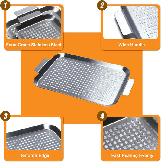 Grill Pan Set of 2, BBQ Grill Topper for Outdoor Grill, Stainless Steel Grilling Baskets with Holes and Handles, Perforated Food Tray Barbecue Accessories for Vegetable, Fish, Meat, Seafood