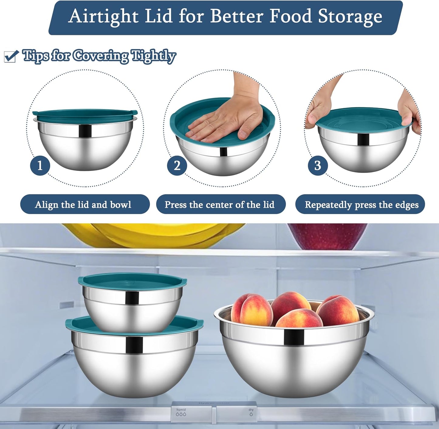 LIANYU Mixing Bowls with Airtight Lids Sets, 3 Packs Stainless Steel Metal Mixing Bowls, Ideal for Prepping, Cooking, Storage, Serving, Freezer & Dishwasher Safe, Khaki