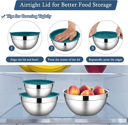 LIANYU Mixing Bowls with Airtight Lids Sets, 3 Packs Stainless Steel Metal Mixing Bowls, Ideal for Prepping, Cooking, Storage, Serving, Freezer & Dishwasher Safe, Khaki