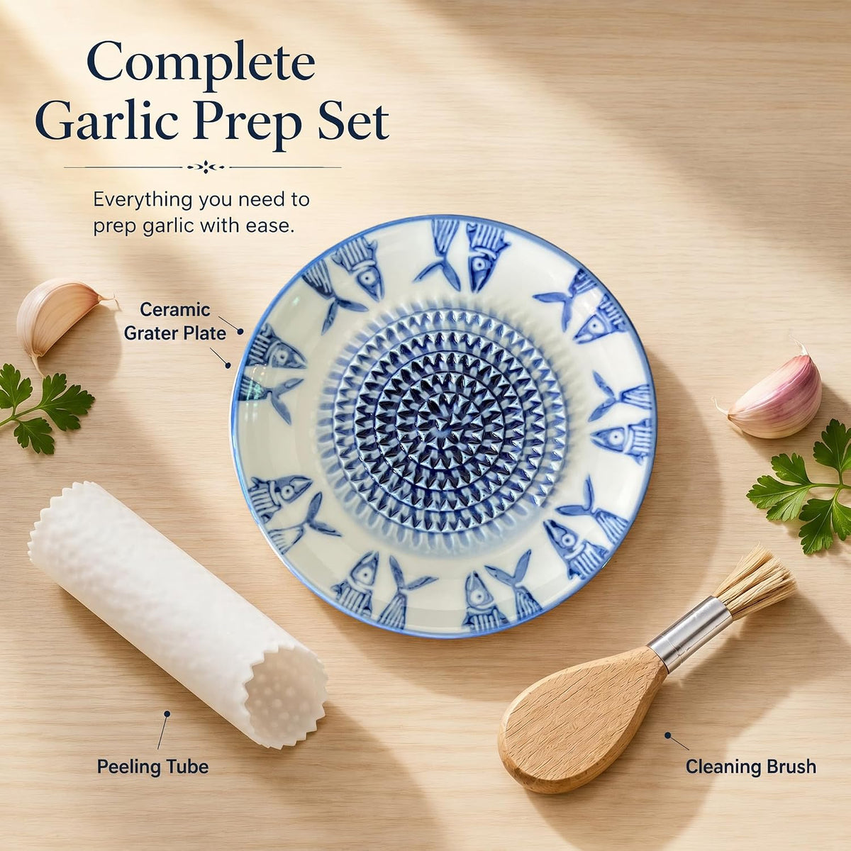 Handcrafted Ceramic Garlic Grater Plate, Ocean Blue