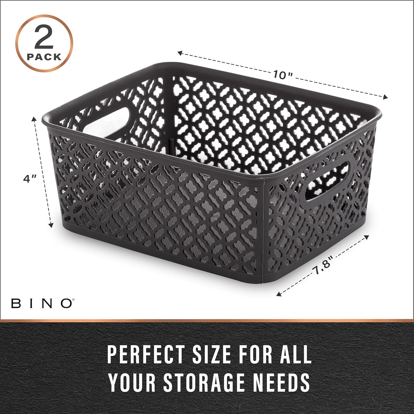 BINO l Plastic Storage Baskets, Large - Grey l THE BLOSSOM COLLECTION l Multi-Use Organizer Bin l Built-in Handles l Plastic Woven Basket for Organizing l Pantry & Home Organizing Basket
