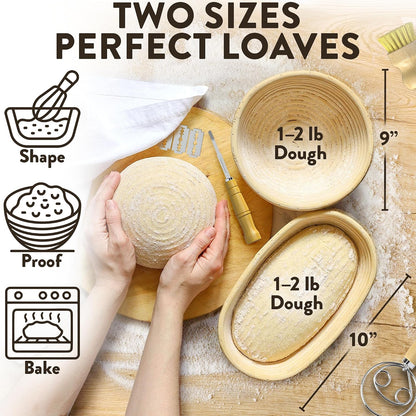 Complete Bread Proofing Baskets Set with 9 in and 10 in Banneton Basket