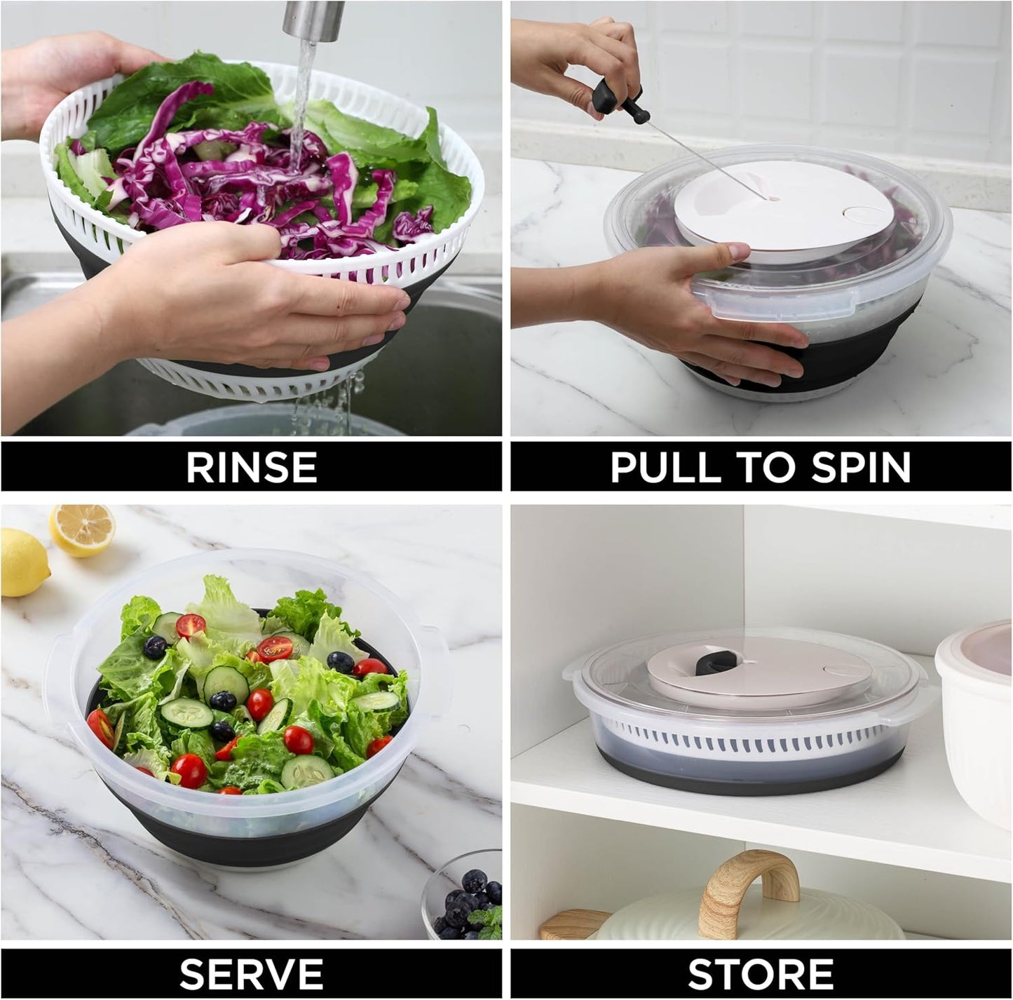 COOK WITH COLOR Collapsible Salad Spinner - 4 QT Space Saving Lettuce Dryer with Folding Collapsible Colander Great for Washing and Drying Fruit and Vegetables (Grey)