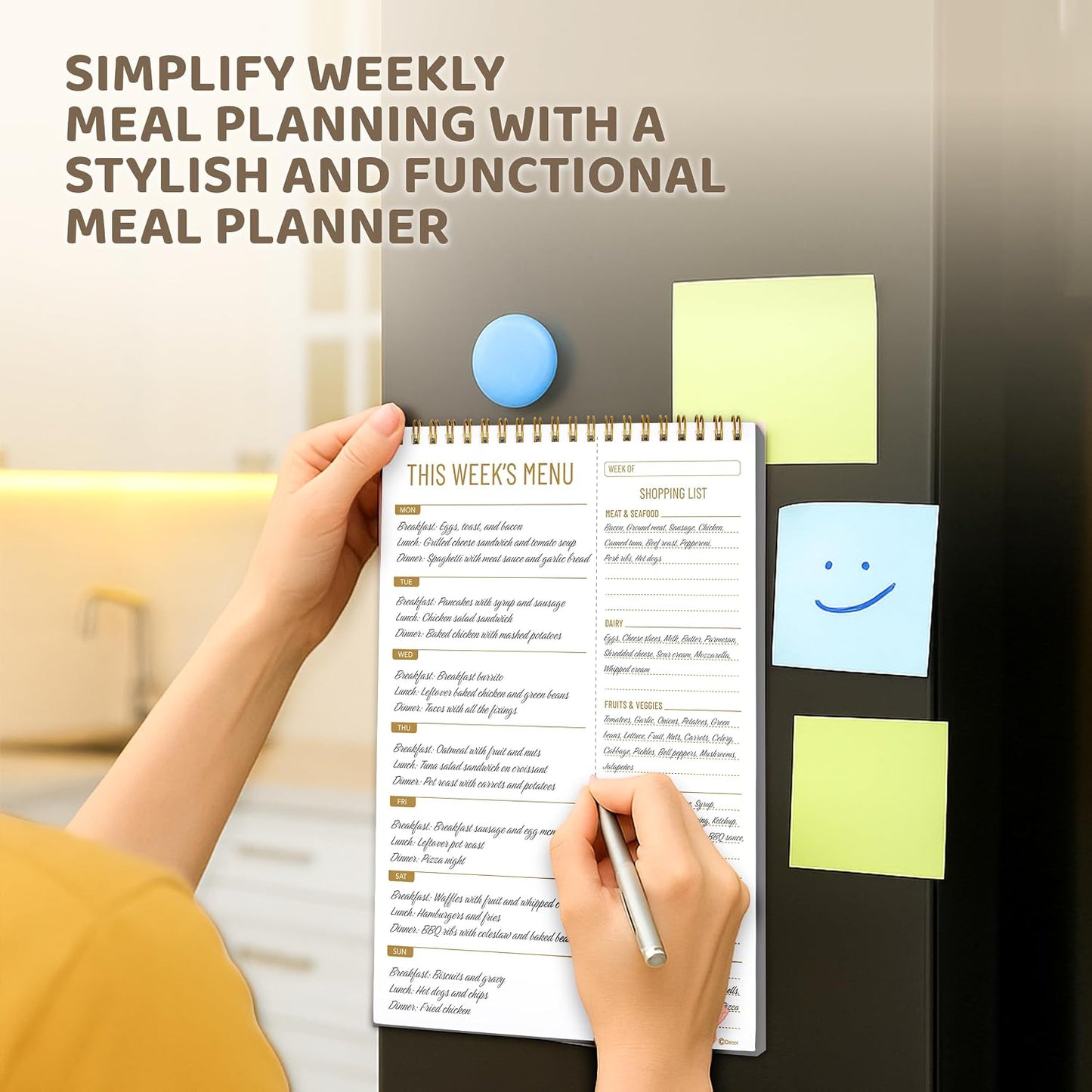 Decorably 52 Sheets Minimalist Undated Magnetic Weekly Meal Planner and Grocery List with 4 Strong Magnets, 7x10in Spring-Bound Refrigerator Mountable, Easy Tear-Off Design