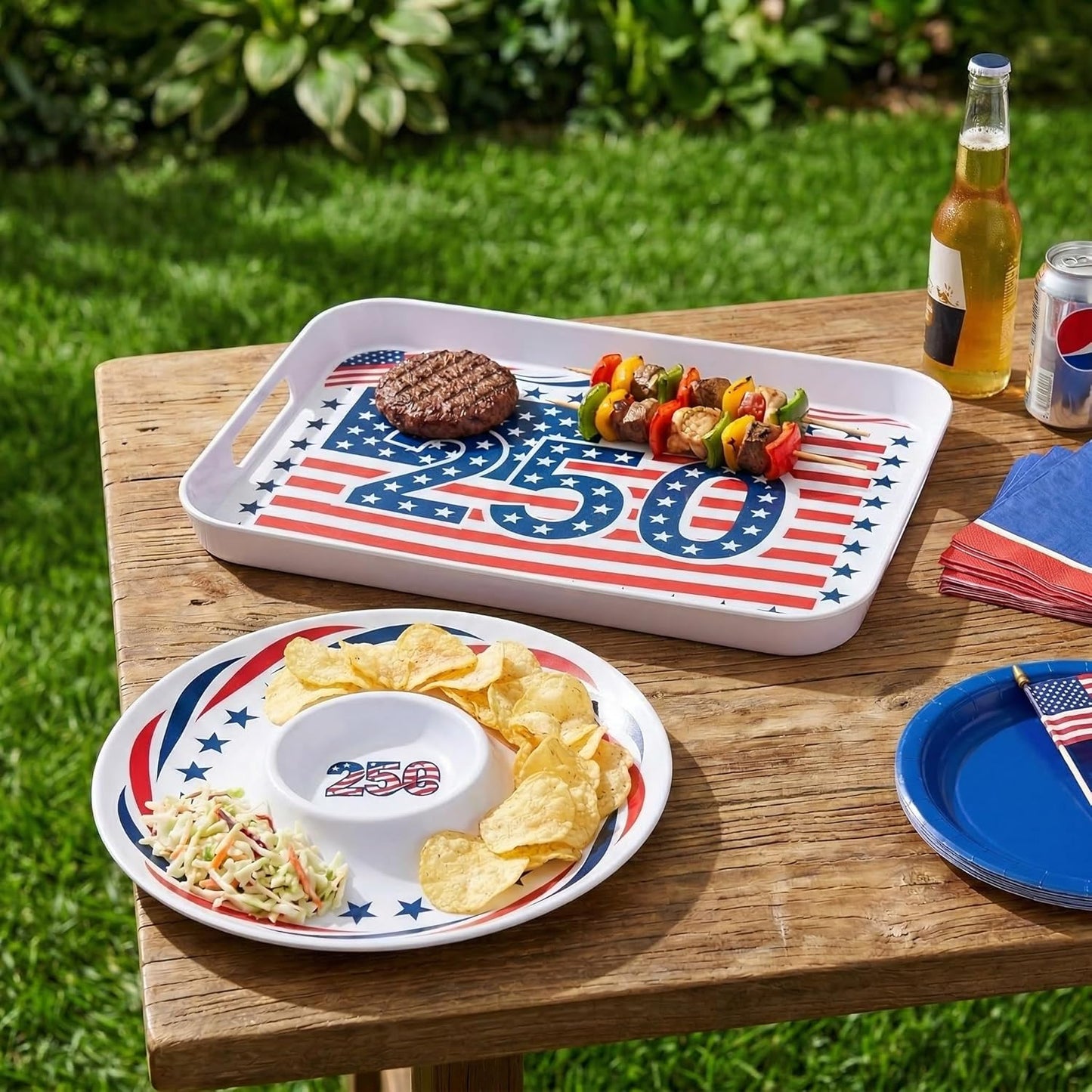 2 Pcs Serving Tray - 16'' Melamine Rectangle Tray with Handle and 13'' Chip and Dip Set of 2，Extra-Large Melamine Serving Platter for Eating, Appetizer, Snack, Fruit, Desserts，Happy Summer