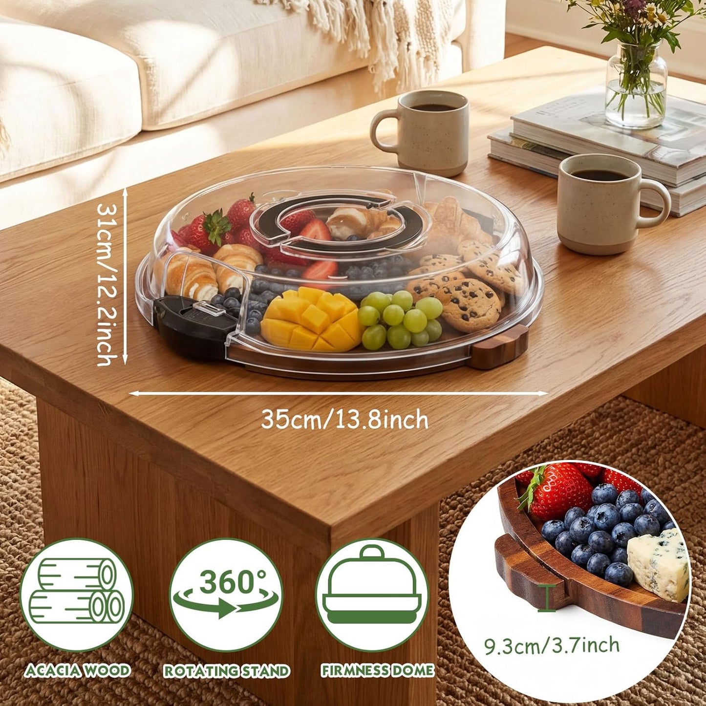 Charcuterie Board, 13.5" Rotation Acacia Wood Serving Tray with Clear Locking Lid Round Portable Lazy Susan Cheese Board Meat Fruit Tray Platter for Picnic, Housewarming Gift, Party Supplies