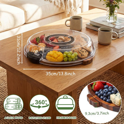 Charcuterie Board, 13.5" Rotation Acacia Wood Serving Tray with Clear Locking Lid Round Portable Lazy Susan Cheese Board Meat Fruit Tray Platter for Picnic, Housewarming Gift, Party Supplies