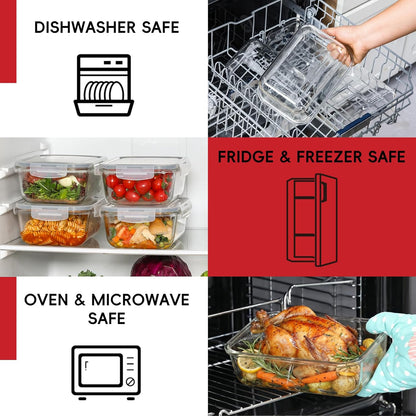 4 Pack 8 Cups/ 63oz Large Glass Storage Containers with Lids, Meal Prep Containers, Glass Food Storage with Airtight Lid for Baking, Leak Proof & Microwave, Oven Safe (4 Containers + 4 Lids)