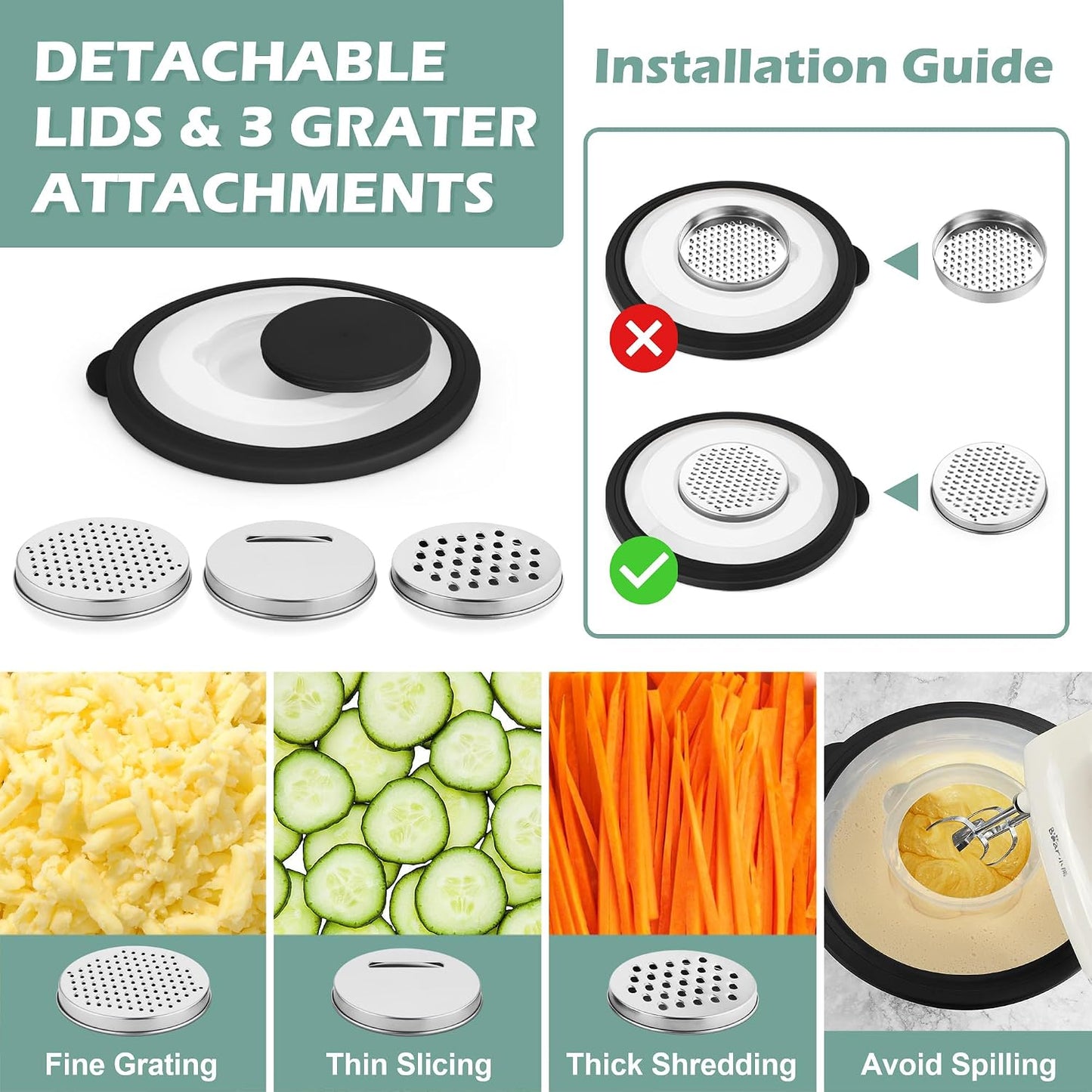 TeamFar Mixing Bowls, Stainless Steel Nesting Salad Bowls with Lids Set of 3 & 3 Grater Attachments, For Mixing/Serving/Storing, Non-toxic & Long-lasting, Size 4.6/3 / 1.5 QT, Black
