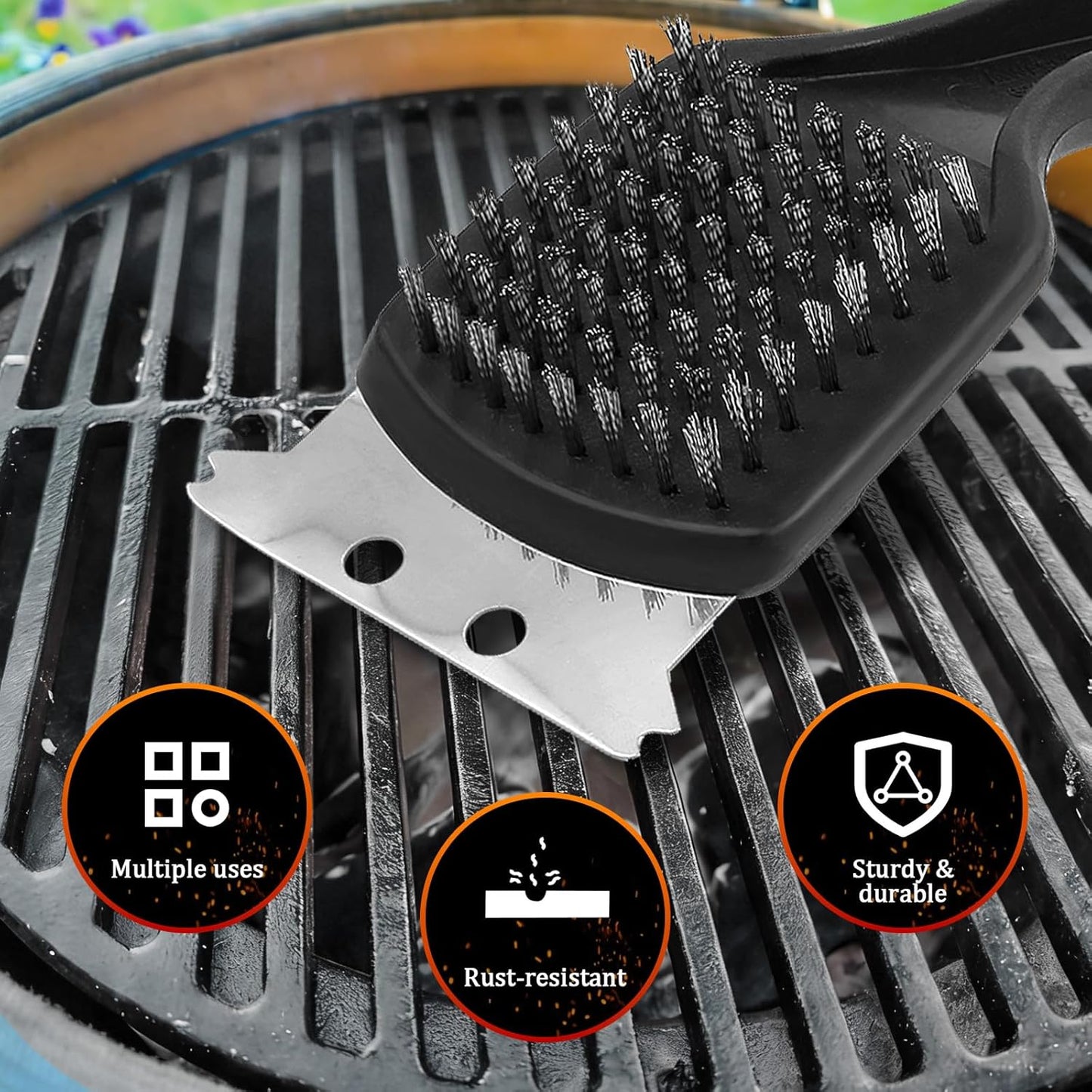 15.75” Grill Brush - Heavy Duty BBQ Scraper with Ergonomic Non-Slip Grip & Steel Bristles, Deep Clean Outdoor Grill Grates Without Bending (Safer, Long Handle)