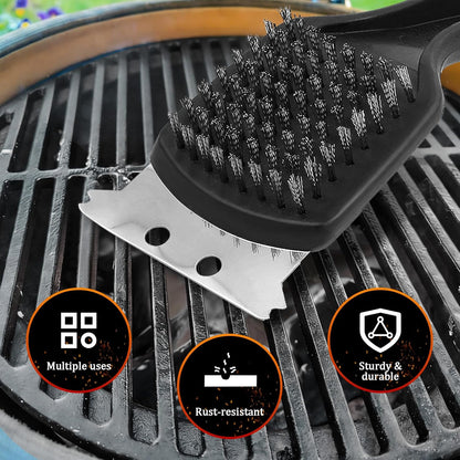 15.75” Grill Brush - Heavy Duty BBQ Scraper with Ergonomic Non-Slip Grip & Steel Bristles, Deep Clean Outdoor Grill Grates Without Bending (Safer, Long Handle)