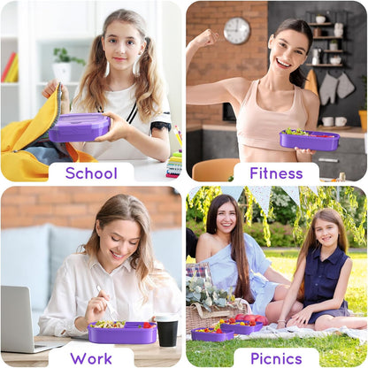 Lunch Box Kid Adult Bento Box, 4-Compartment Food Lunch Containers with Fork & Spoon, BPA Free, Leak-Proof Bento-Style Lunch Box for Work School, Microwave & Dishwasher Safe (Candy)