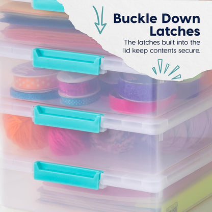 IRIS USA 12 Qt. Craft Storage Bins with Lids, 4-Pack, |Made in USA|, Clip Box, Medium Plastic Sensory Bin Tote Organizer Containers for Art Supplies, Paper, & Office, Stackable - Clear/Seafoam Blue