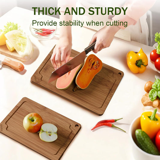 Bamboo Cutting Boards for Kitchen, Wood Cutting Board Set with Juice Grooves & Built-in Handles, Large Medium Small Chopping Board for Meat, Vegetables, Fruit