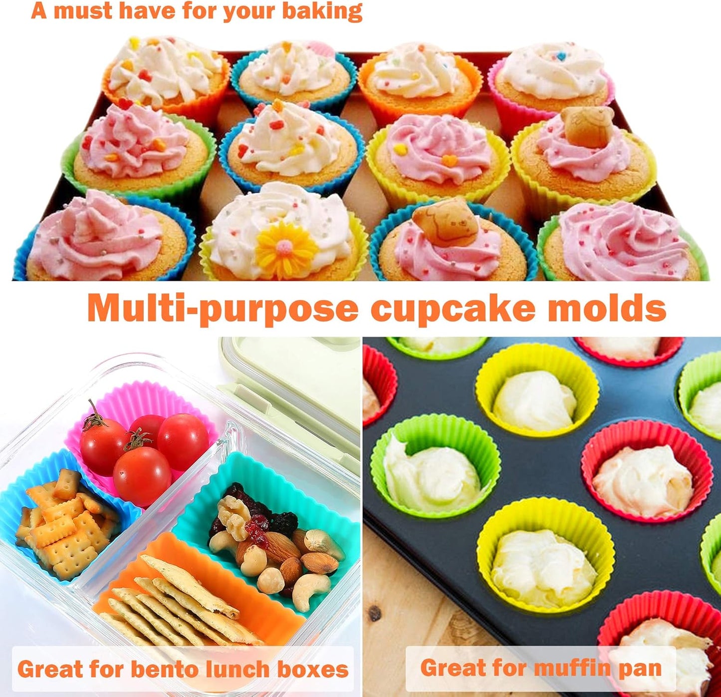 IPOW 24 Pack Silicone Cupcake Baking Cups Reusable Food-Grade BPA Free Non-Stick Muffin Liners Molds Sets, 2 Shapes Round Rectangle