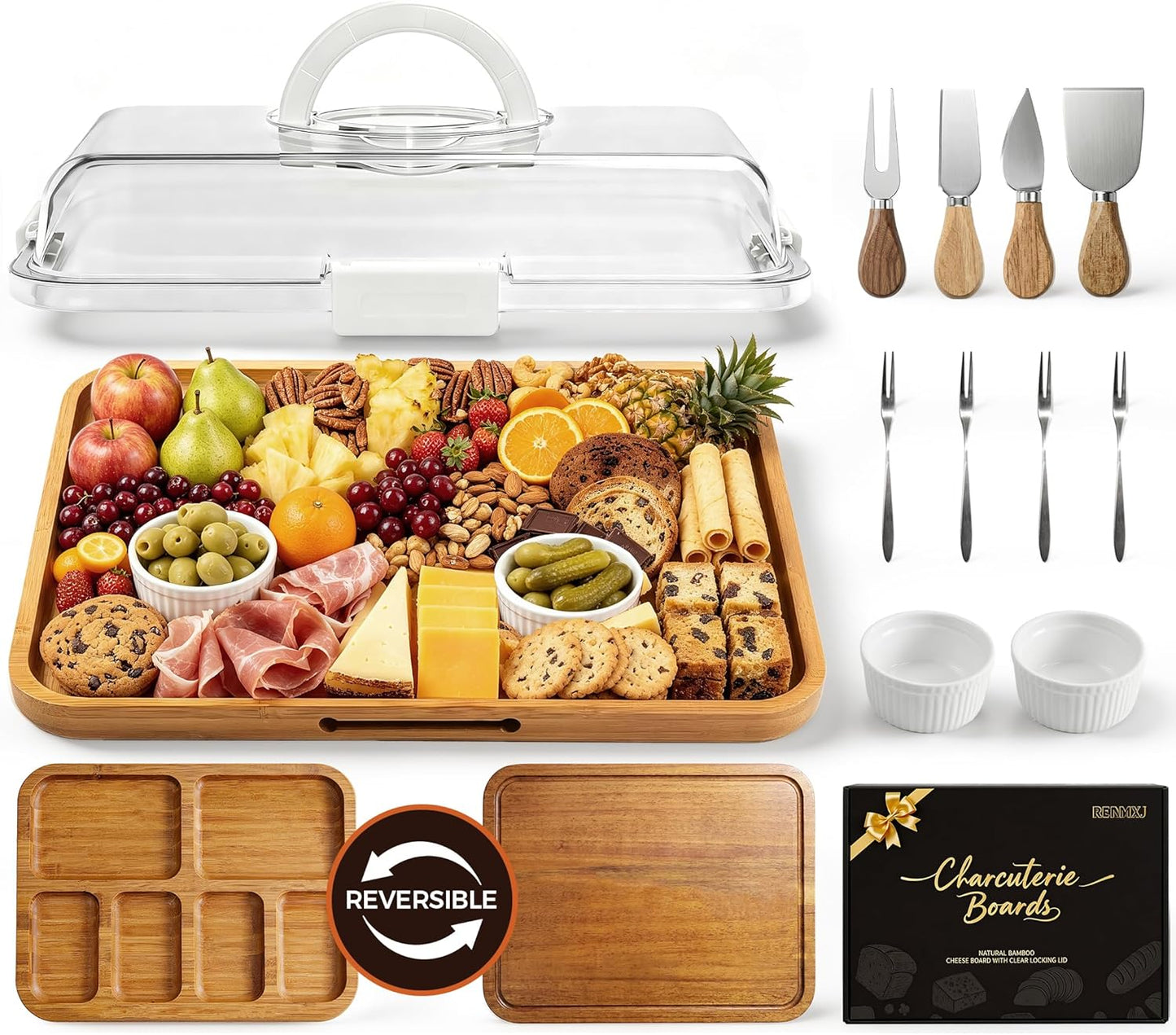 Renmxj Charcuterie Boards with Lid Gift Set, 2 in 1 Travel Portable Cheese Board with Knives Set, Carbonized Bamboo Charcuterie Tray, Housewarming Gifts New Home, Picnic, Wedding Gifts, Black Handle