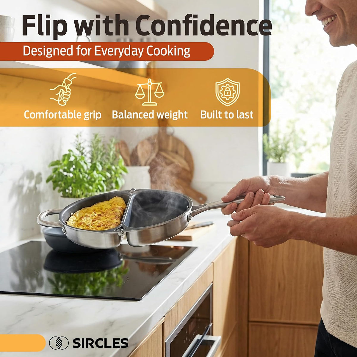 SIRCLES Double Sided Omelet Pan, Nonstick Omelette Maker, 3004 Aluminum, Induction Compatible, Dishwasher Safe, PFOA Free, Flip Lock Egg Pan with Spatula & Recipe eBook
