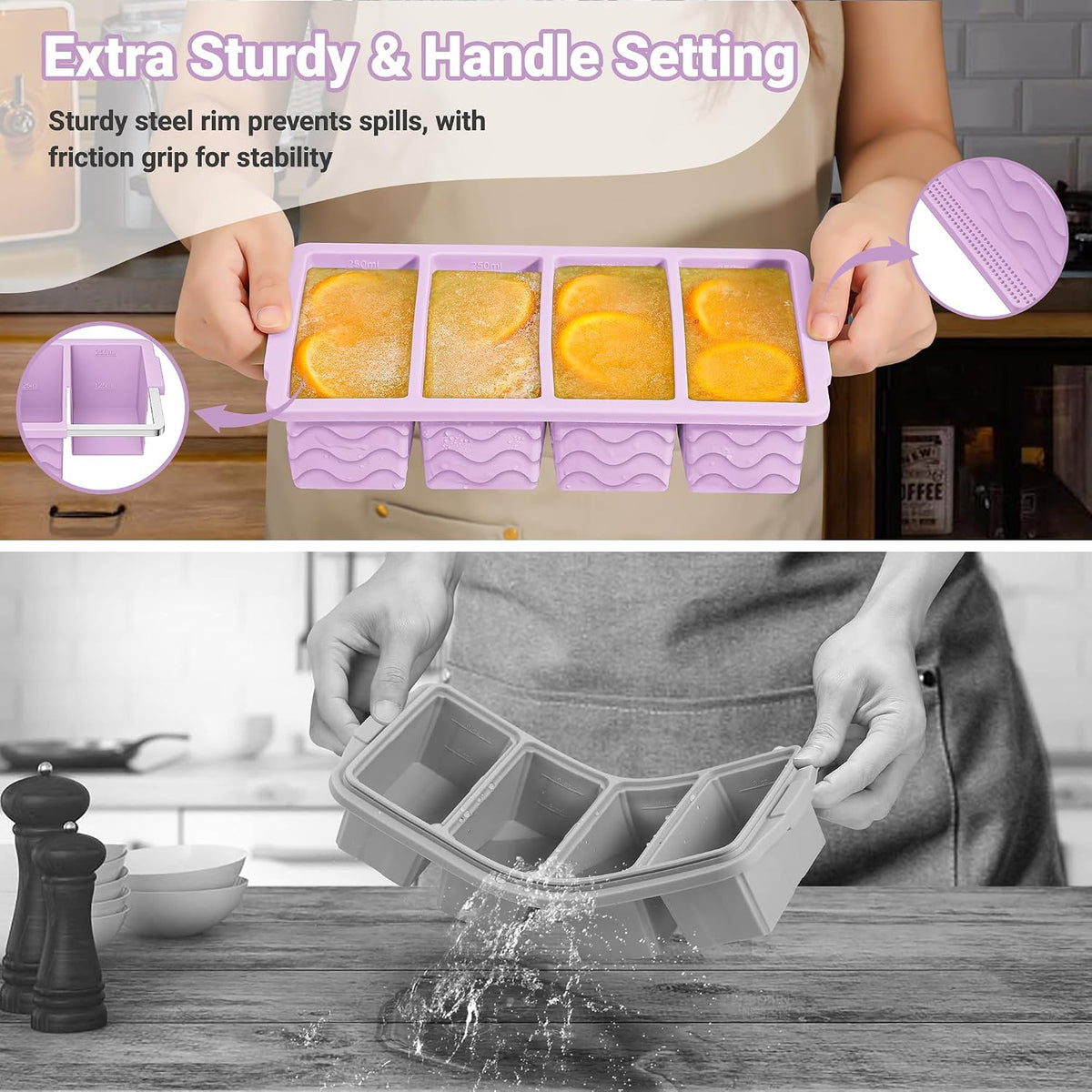 Doasuwish Silicone Freezer Molds for Soup with Lid – 1-Cup Soup Container Style Ice Cube Trays for Freezer, Meal Prep & Food Storage, Freeze 250mL/125mL Portions – 2 Pack