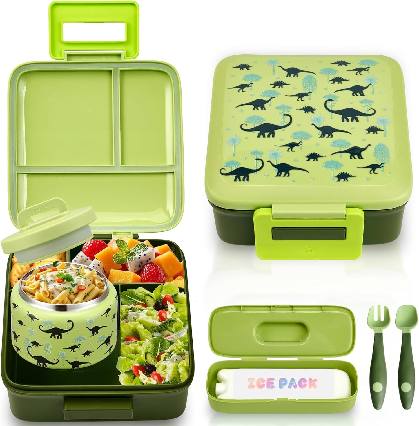 Bento Lunch Box for Kids with 8oz Soup Thermo Leak-Proof Lunch Food Containers with Snack Sauce Container for Kid Girls Boys to School (Pink Mermaid)