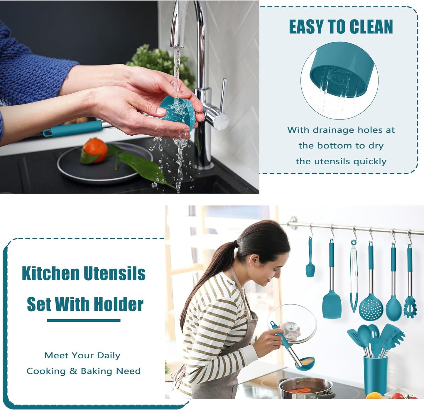 E-far 14 Pieces Silicone Cooking Utensils Set, Kitchen Utensils Set with Holder, Spatula, Ladle, Spoon, Tong, Slotted Turner for Nonstick Cookware, Heat Resistant & Stainless Steel Handle, Black