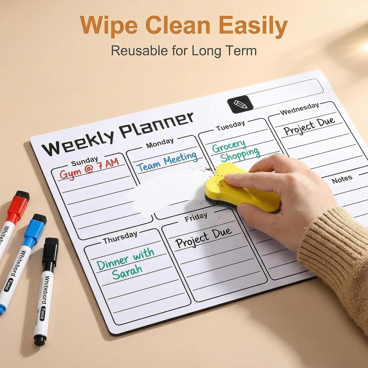 Magnetic Dry Erase Board for Fridge,16.7"x12" Reusable Whiteboard with Monthly, Weekly & Daily Planner Refrigerator Whiteboard for Home & Office Organization