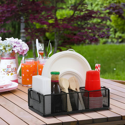 Paper Plate Dispenser with Handle, Metal Paper Plate Holders for Kitchen Counter, Utensil Holder Organizer with 6 Compartments, Silverware Holder Caddy for Cup Fork Spoon Napkin Party Camping