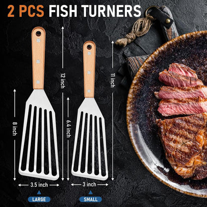 Joyfair Metal Fish Spatulas, 2 Pcs Stainless Steel Turner (ABS Handle) | Flexible Blade, Dishwasher Safe, Slotted Turner Utensil for Kitchen Cooking & Outdoor Griddle Grilling Flipping, Large&Small