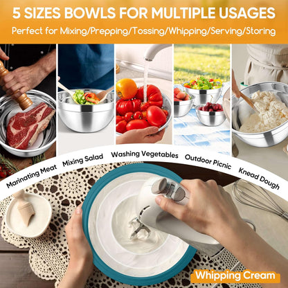 Herogo 5-Piece Mixing Bowls with Airtight Lids, 3 Grater Attachments, Stainless Steel Salad Serving Bowls for Kitchen, Size 4.6, 3.5, 2.5, 2, 1.5QT Ideal for Prepping & Cooking, Black