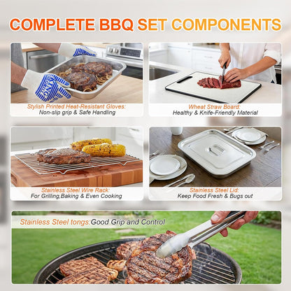 7-Piece Grill Prep and Carry System,Stainless Steel BBQ Marinating Container with Lid,Cutting Board Wire Rack Tongs & Heat Resistant Gloves,Stackable Food Tray Accessories for Outdoor &Camping Cooking
