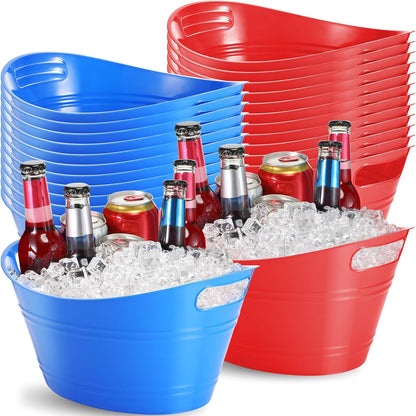 Norme 24 Pcs Oval Storage Tub with Handles, 4.5l Plastic Ice Buckets Bulk for Wine Beer Champagne Drink Cooler Beverage Storage Tub for Parties BBQ Weddings Party Outdoor Celebration(Blue & Red)