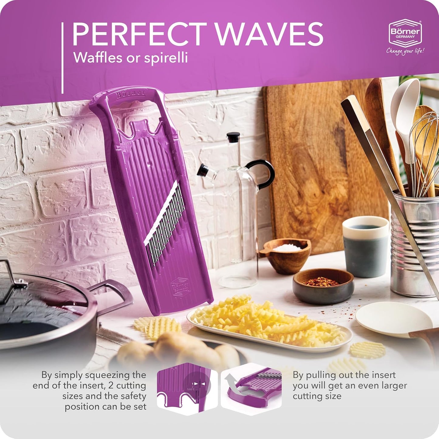 Börner by Reston Lloyd Wave-Waffle Power Line • Crinkle Cut/Spirelli Vegetable Slicer • Slicer for Wave Waffle Cut Style • Multiple Thickness Options • Made in Germany, Orange